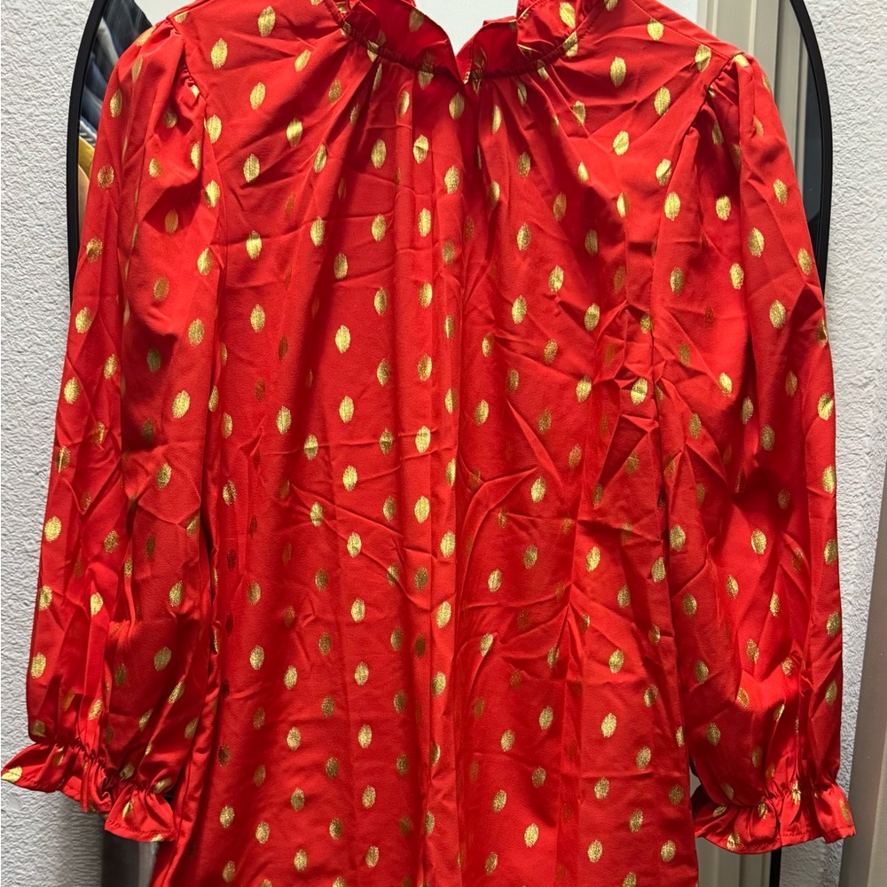 Women 3/4 Long Sleeve Work Business Top Ruffle Mock Neck Blouse Shirts Gold Dot